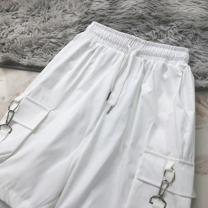 Summer Cargo Shorts Women Y2K Harajuku Streetwear Hip Hop with Chain Shorts Bf High Waist Baggy Wide Leg Short Pants New