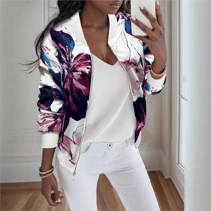 Baseball Collar Jacket – Women's Autumn Printed Zipper Outerwear Coat, Lightweight