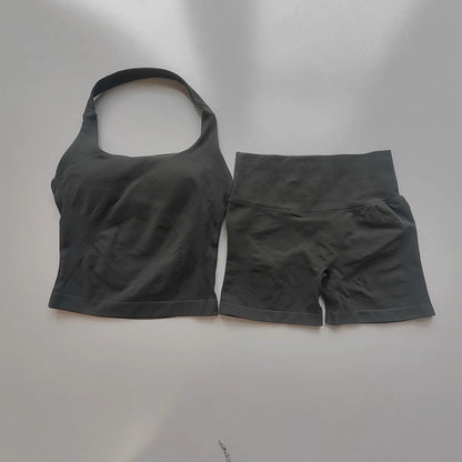 2PCs Peach High Waist Belly Hip Lifting Sports Bras Shorts Suit Gathering Shock-proof Neck Halter Yoga Suit Running Fitness Set