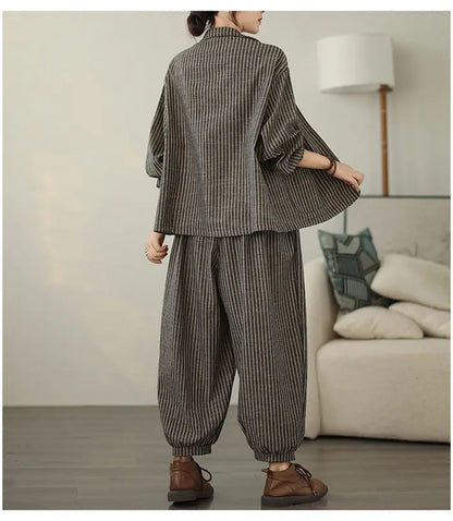 Retro Stripe Cotton And Linen Suit 2024 Women's Autumn Temperament Casual Wide Leg Harem Pants Loose Oversized 2 Piece Set K2478
