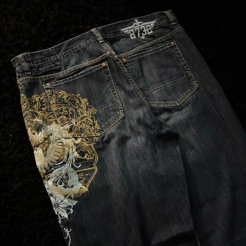 Cherry Blossom Selvedge Embroidery Denim Pants Y2K Retro Men Casual Baggy Straight Wide Leg Jeans High Quality Hiphop Streetwear