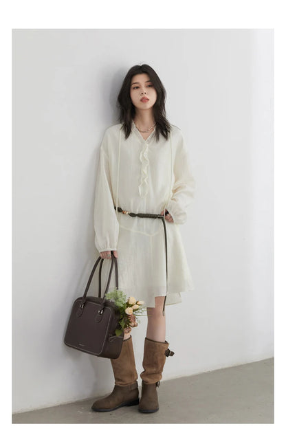 Women Loose Dress - Casual V-Neck Long Sleeve A-Line Knee Dress With Ruffled Lantern Sleeves