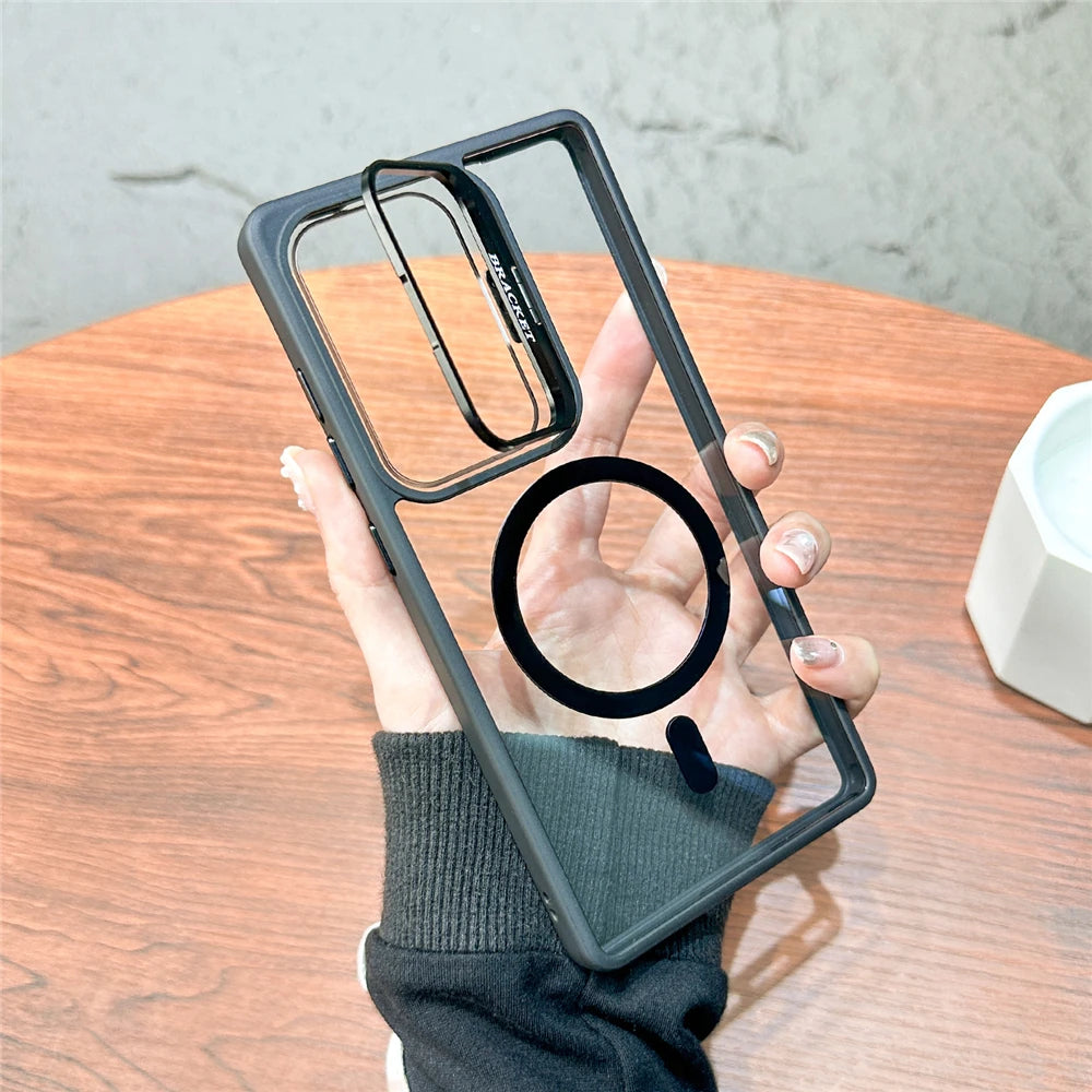 For Magsafe Hidden Fold Lens Holder Case For Samsung S26 S25 Ultra S24 S23 S22 Plus Transparent Magnetic Wirelesss Charge Cover