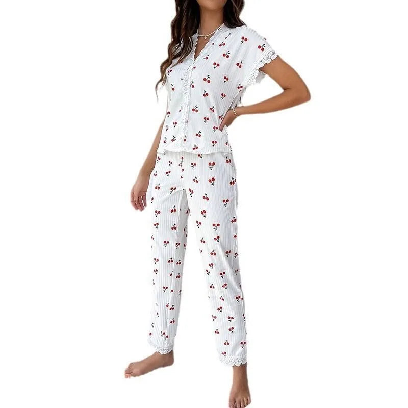 New Fashion Women's Pajamas Autumn and Winter Collar Lace Printed Shirt Trousers Homewear Homewear Homewear Lingerie