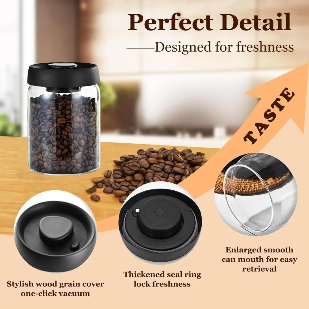 Glass Coffee Vacuum Container - 900ml Storage for Beans Spices  Tea