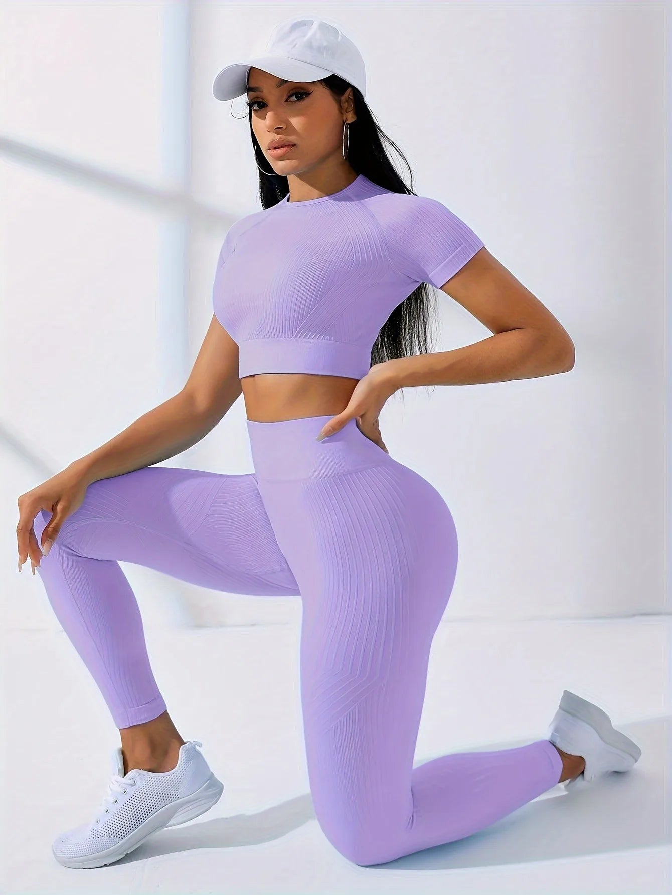 Workout Sets Outfits for Women – Yoga Leggings with Short Sleeve Crop Top, Slim Fit Tummy Control Butt Lifting Waist Shaping, Seamless Ribbed Texture, Breathable Soft Fabric, Non-Pilling, Perfect for Fall Winter Gym Yoga Ru