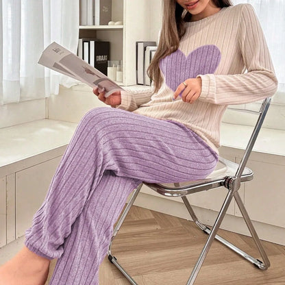 Autumn and Winter Warm Pajama Set for Women Casual and Comfortable Heart Shaped Printed Cute Set Home Clothes New Style Hot