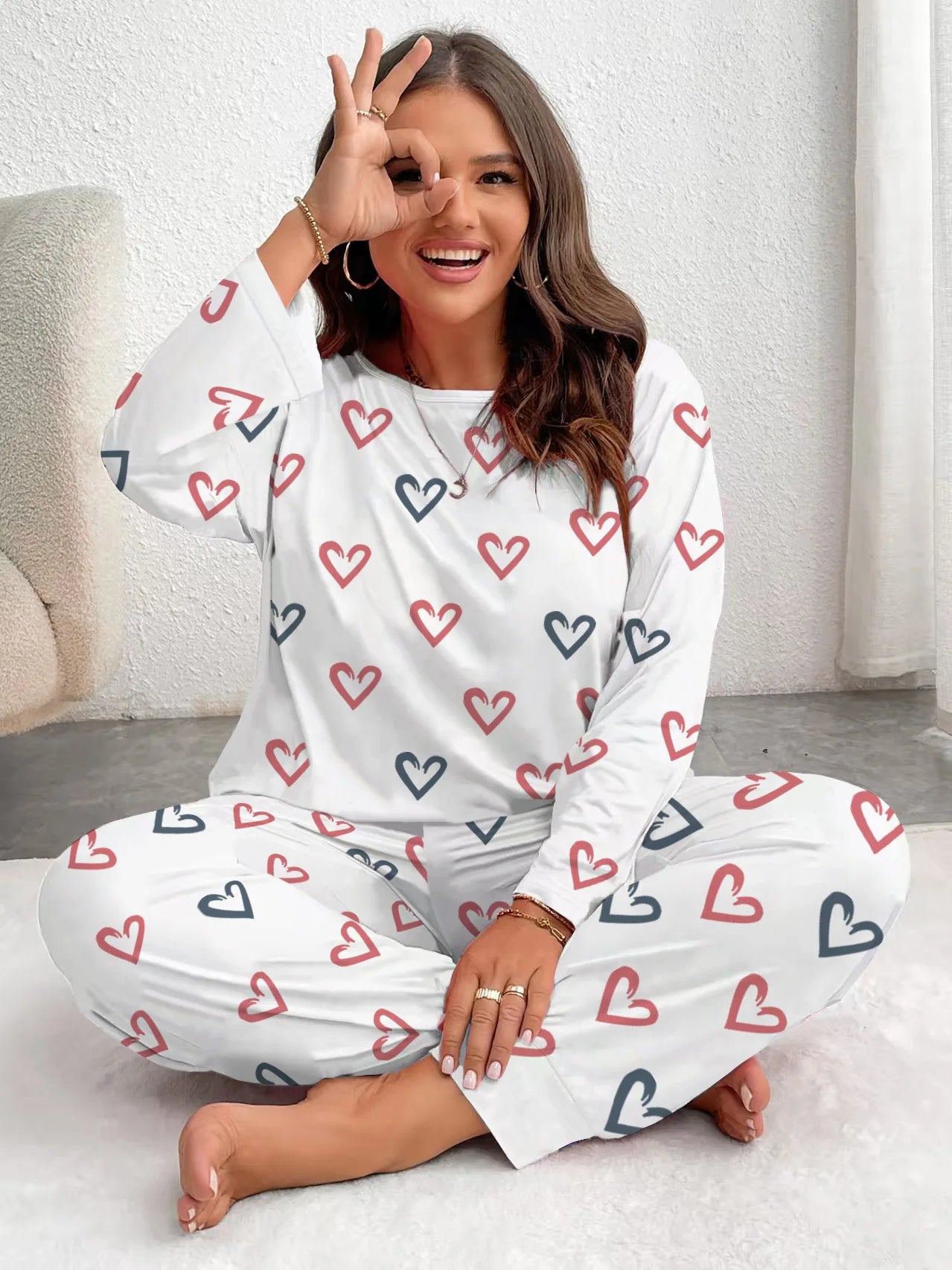 Autumn Winter Pink Heart Print Plus-Size Sleepwear Women Pajama Set Long Sleeve Tops and Trousers 3XL 4XL 5XL Loungewear