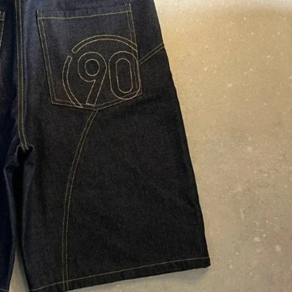 Y2K American Vintage Denim Shorts Embroidery Number 90 Pattern Bright Line Street Shorts Hip Hop Harajuku Unisex Wide Leg Pants