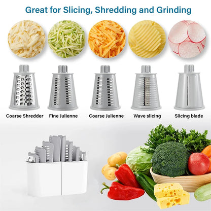 5 in 1 Cheese Grater - Rotary Stainless Steel Kitchen Vegetable Slicer & Nut Chopper