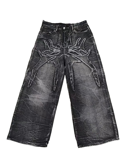 Y2K Retro Oversized Baggy Unisex Mopping Pants Phantom Jeans Men High Street Spider Embroidered Patch Hip Hop Streetwear Gothic