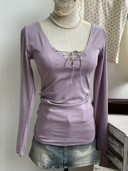 Beige Lace Trim Long Sleeve Tees Women Autumn New Streetwear Cotton Slim Sexy V-neck Lace-up Tops Sweet Simple Chic T-shirts Y2K