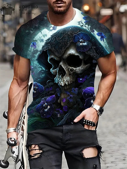 Mens Oversized 3D Skull Print T-Shirt - Summer Horror Fashion Tee - ZOOMNSTORE