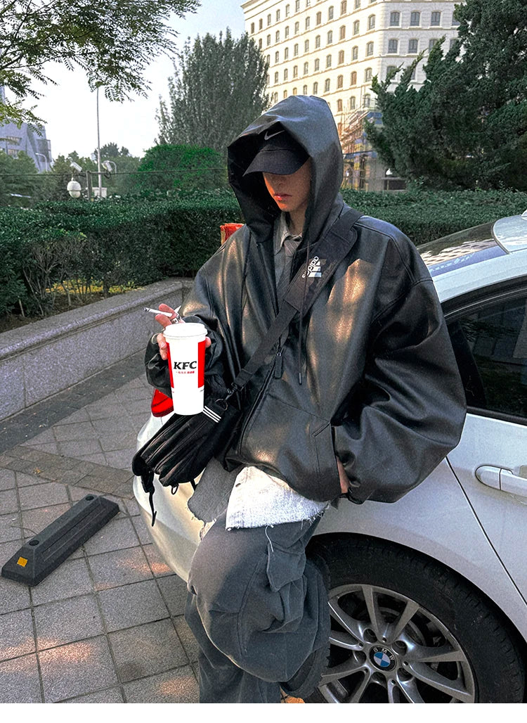 Mauroicardi Spring Autumn Short Oversized Black Soft Pu Leather Jacket Men with Hood Zipper Loose Casual Korean Fashion Clothes