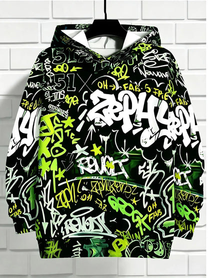 European and American Men's Autumn Gothic Letter Graffiti Print Soft and Comfortable Hooded Sweatshirt Outdoor Street Top