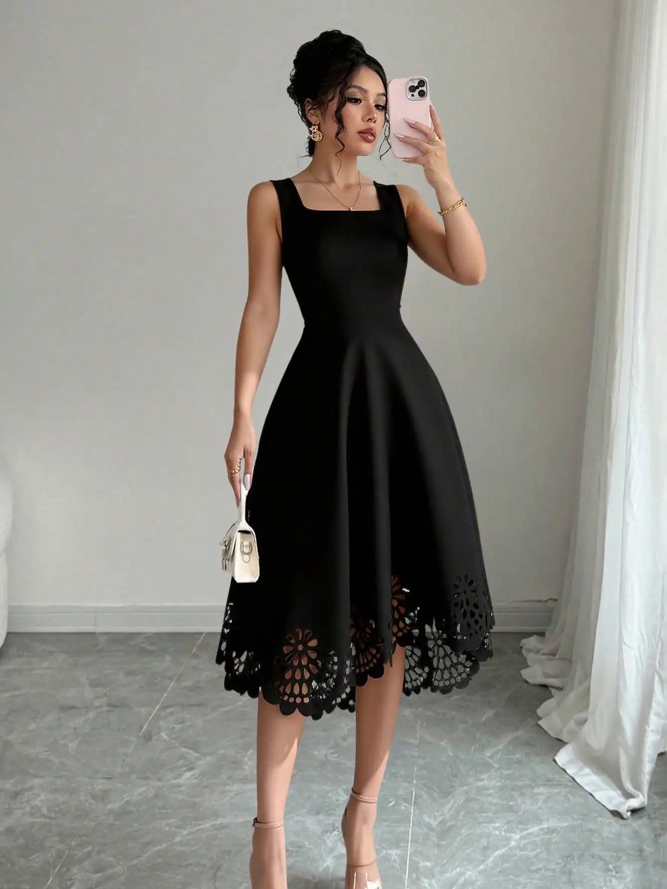 Minimalist Black Fit-and-Flare Dress Square Neck Sleeveless Laser Cut Lace Hem Casual Wedding Guest Dress