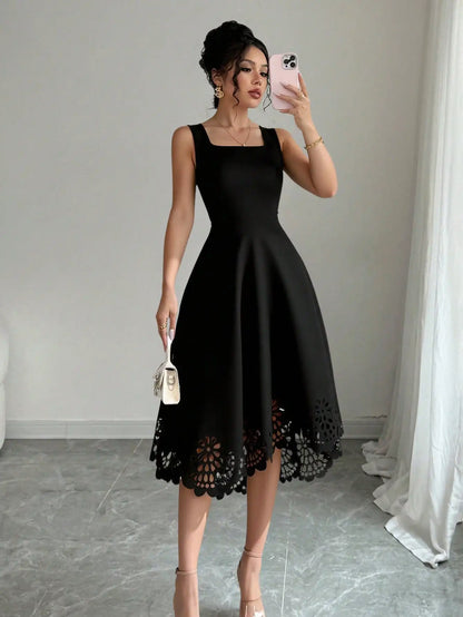 Minimalist Black Fit-and-Flare Dress Square Neck Sleeveless Laser Cut Lace Hem Casual Wedding Guest Dress