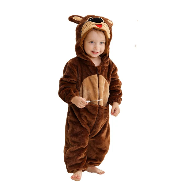 Baby Winter Rompers - Soft Polyester Hooded Jumpsuit With Animal Pattern, Machine Washable