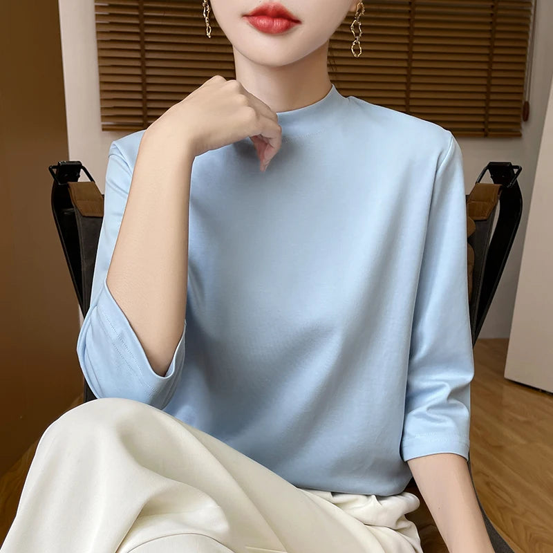 Cotton Cropped T-Shirt - Women's Semi-High Neck Loose Fit Three Quarter Sleeve Top