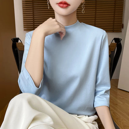Cotton Cropped T-Shirt - Women's Semi-High Neck Loose Fit Three Quarter Sleeve Top