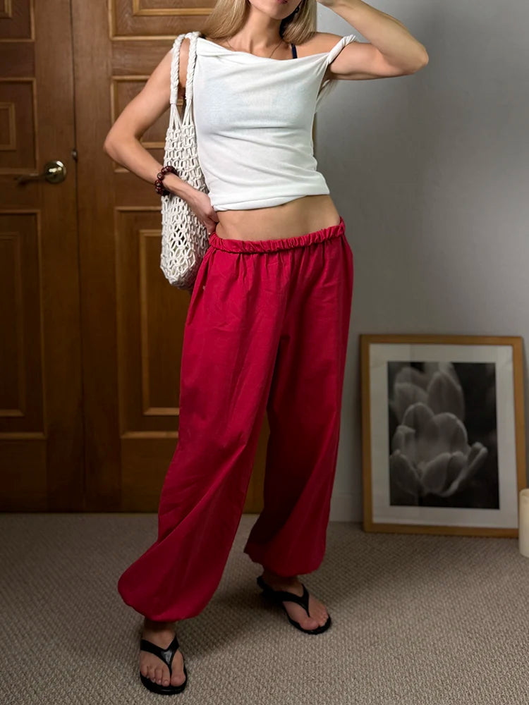 Wide Leg Red Pants For Women Cotton Long Bloomers White Autumn Elastic Waist Lantern Trousers Women Straight Practice Pants Lady