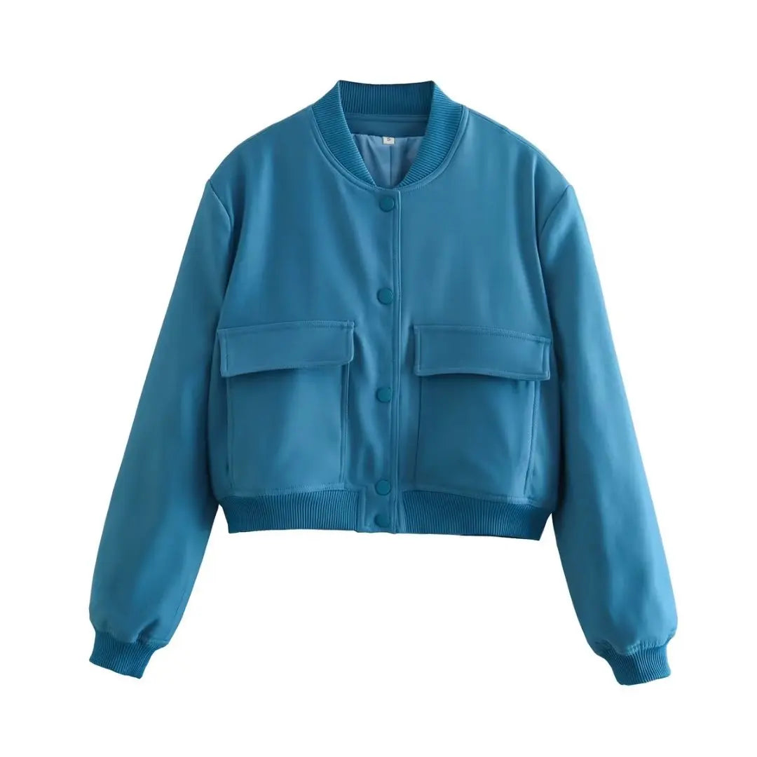 Women Bomber Jacket - Solid V Neck Single Breasted Polyester Coat With Pockets
