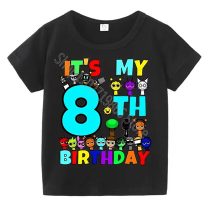 Kids Birthday Cute Cartoon Characters Graphic T-Shirt, Soft Cotton Crew Neck Tee, Casual Party Wear for Boys & Girlsdf0019