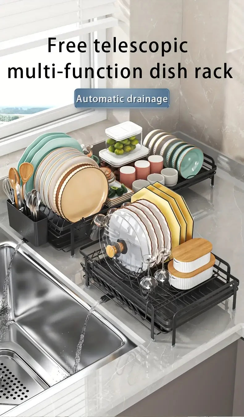 Expandable Dish Rack - Adjustable Kitchen Countertop Organizer with Utensil & Cup Holders
