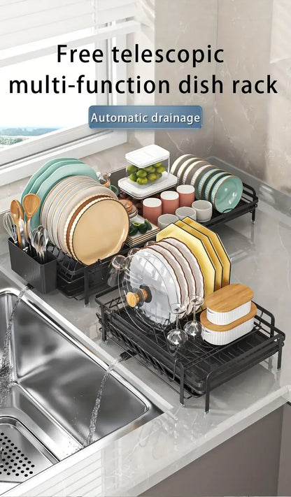 Expandable Dish Rack - Adjustable Kitchen Countertop Organizer with Utensil & Cup Holders