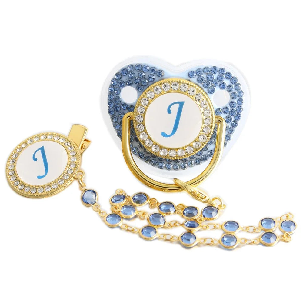 Blue Baby Pacifier - Orthodontic Nipple Silicone Teether Toy with Rhinestone Chain Clip