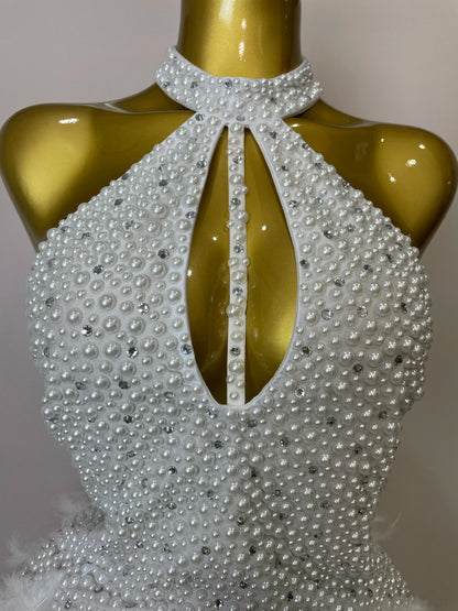 Backless Halter Dress - Women's Party Mini Sheath With Rhinestone & Feather Details