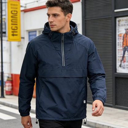 Spring Summer Men Lightweight Anorak Jacket Fashion Man Half Zip Sunscreen Hooded Coats Men UPF50+ Windbreaker Waterproof Jacket