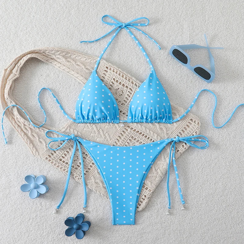 Micro Bikinis Set - Women's Swimwear Dot Print Halter Neck Lace Up Bikini