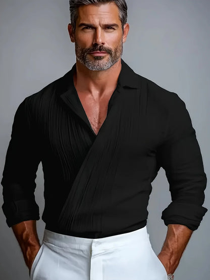 LVLAEA Pleated Textured Shirt Men Autumn Solid Color Long Sleeve Lapel Old Money Style Criss-cross Design Breathable Tated Shirt