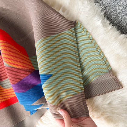 Miyake Pleated Drape Dress Women 2024 Spring Summer Colorblock Printing Lapel 3/4 Sleeve Single-breasted Fashion Shirt Dresses