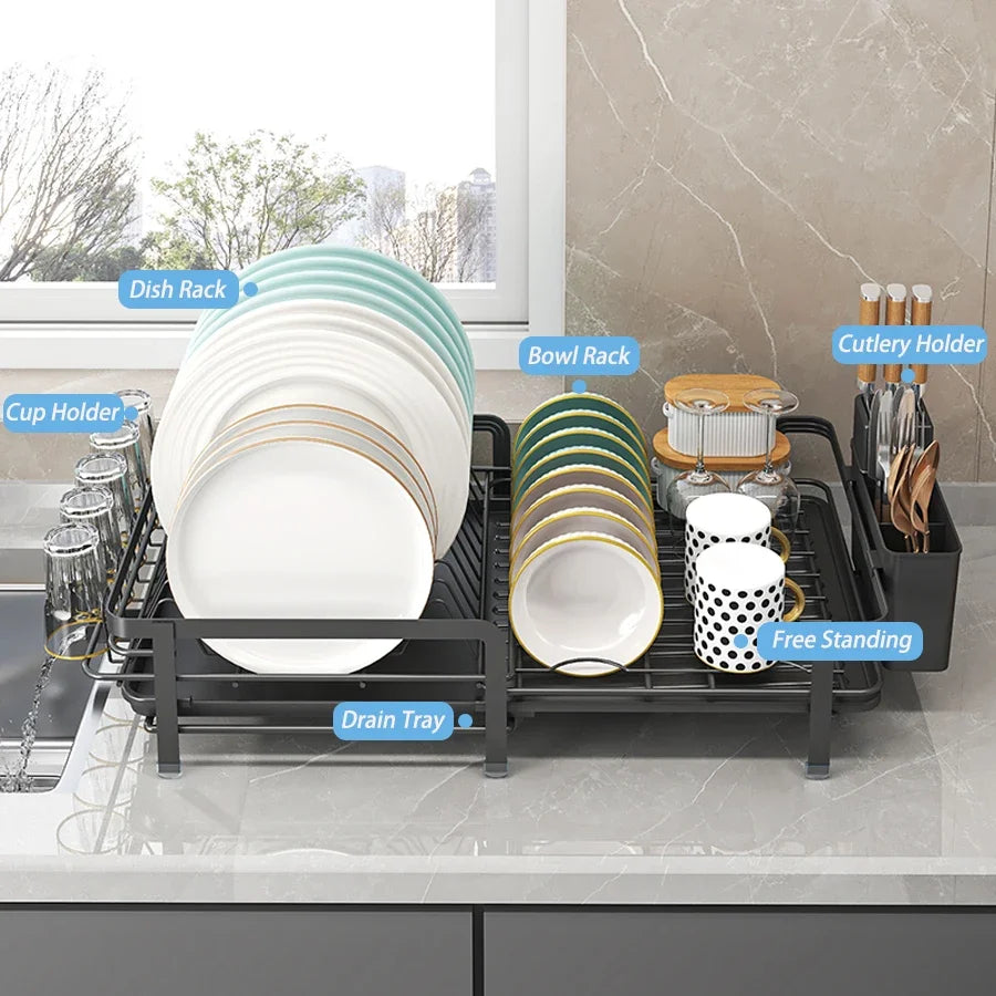 Expandable Dish Drainer - Adjustable Kitchen Rack with Drainboard, Utensil & Cup Holder