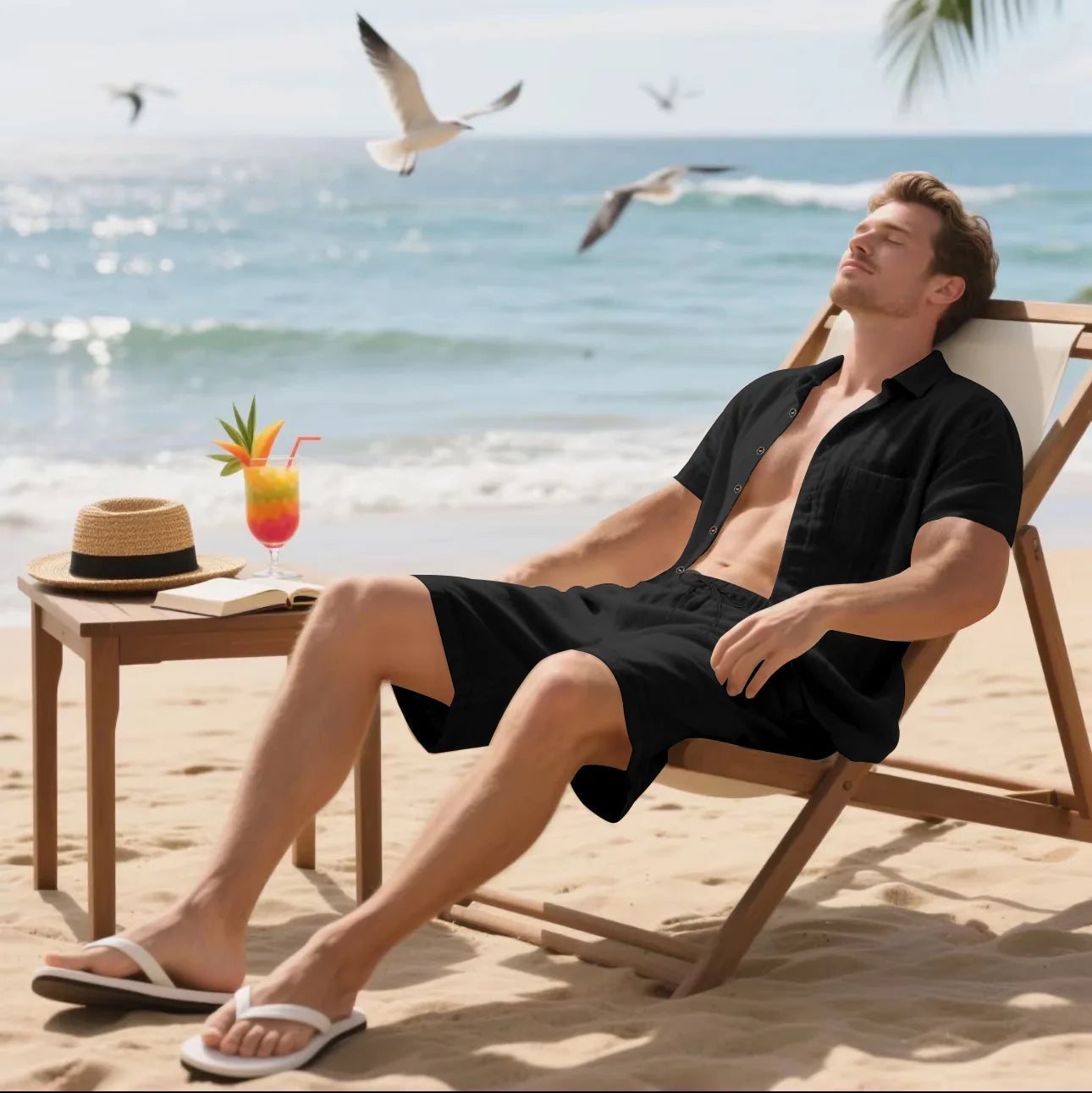 Summer Men's Solid-Color Linen Beach Suit, Lapel Button Short-Sleeved Shirt Paired With Drawstring Shorts, Casual 2-Piece Set