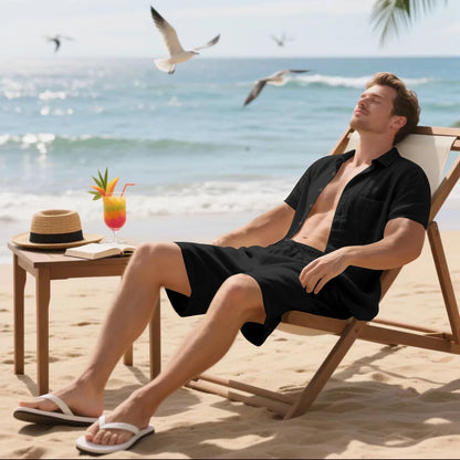 Summer Men's Solid-Color Linen Beach Suit, Lapel Button Short-Sleeved Shirt Paired With Drawstring Shorts, Casual 2-Piece Set