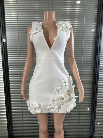 Glamorous Sexy Crystal 3D Flowers Emmbellished Deep V-neck Sleeveless High Waist Evening Party Bandage Mini Dress