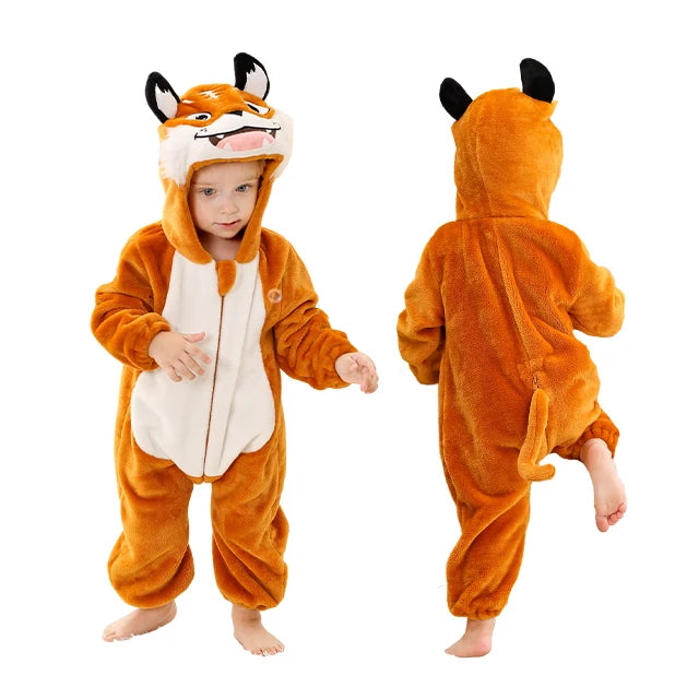 Baby Winter Rompers - Soft Polyester Hooded Jumpsuit With Animal Pattern, Machine Washable
