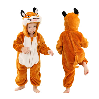 Baby Winter Rompers - Soft Polyester Hooded Jumpsuit With Animal Pattern, Machine Washable
