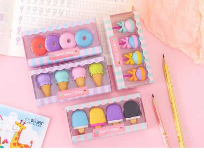 4pcs Yummy Icecream Erasers Set Mini Lollipop Dessert Popsicle Donuts Rubber Pencil Eraser for Kids Gift School Student Award