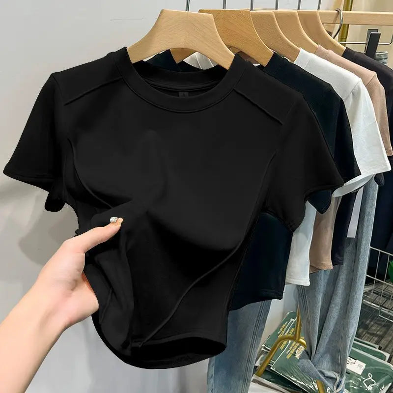 2026 Summer White T-shirt Cotton Female Short-sleeved Student Versatile Slim T-shirt Harajuku Crop Top Trend