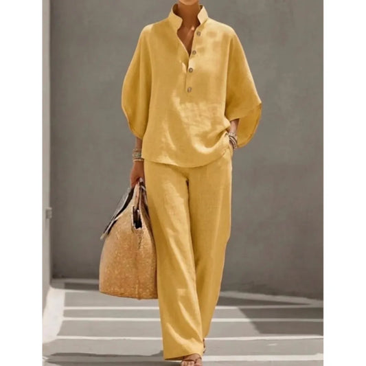 Fashion Cotton Linen Button Stand Collar 9 Quarter Sleeves Loose Women's 2-piece Suit Spring Casual Wide Leg Pants Suit Female