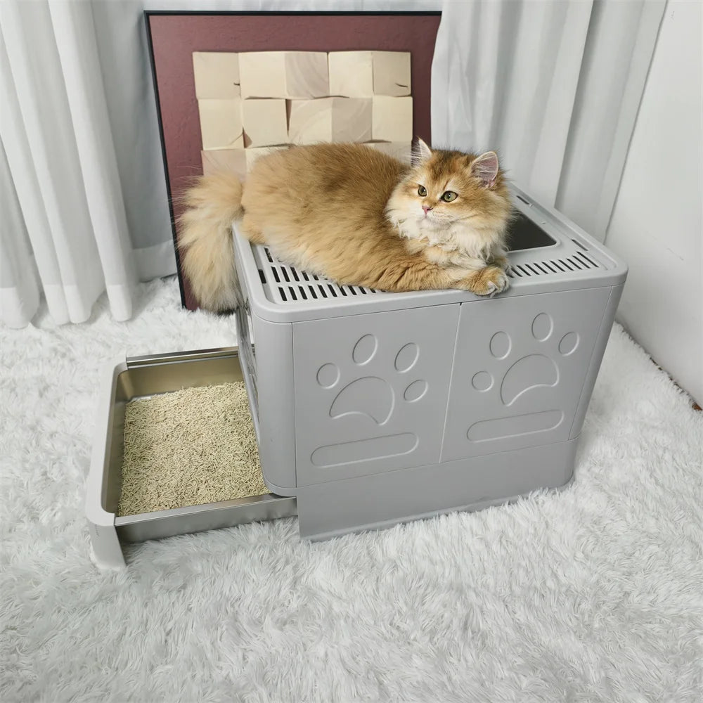 Stainless Steel Covered Cat Litter Box - Large Top Entry Pan with Scoop High Sided for Easy Cleaning - ZOOMNSTORE