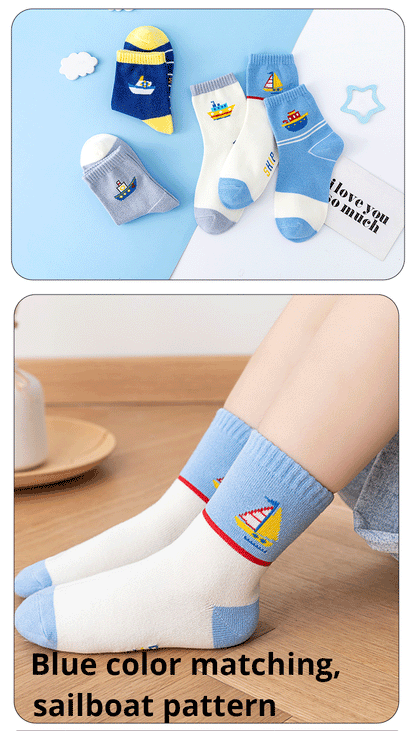 5 Pairs Of New Autumn And Winter Childrens Socks Striped Sailboat Boys Socks 4 to 8 Year Old Socks