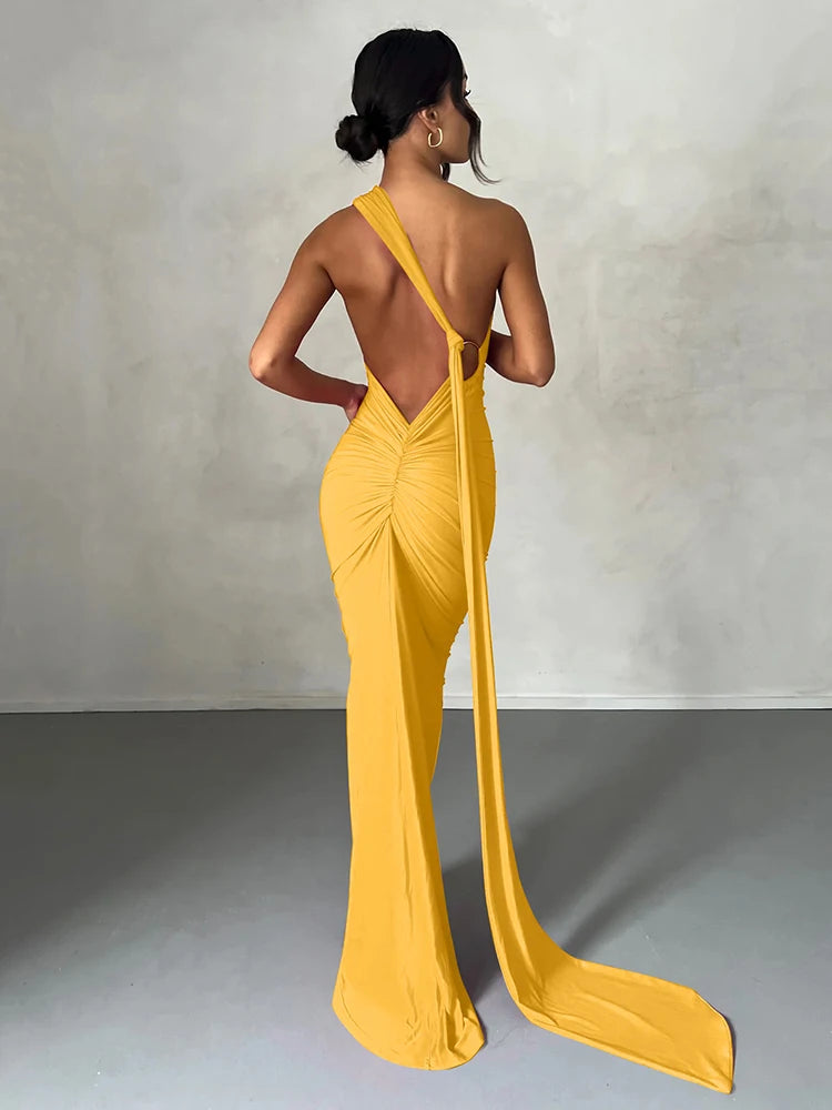 Hugcitar One Shoulder Backless Adjustable Scarf Loop Ruched Sexy Maxi Dress Women Elegant Y2K Streetwear Festival Outfit