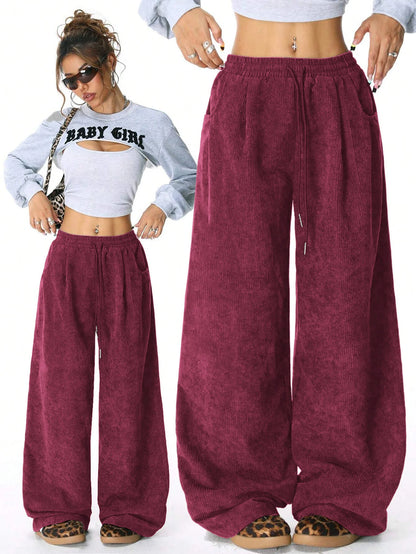 Women's Retro Corduroy Cargo Pants Casual Drawstring Straight Sports Pants Drape Daily Commuting Wide Leg Pants