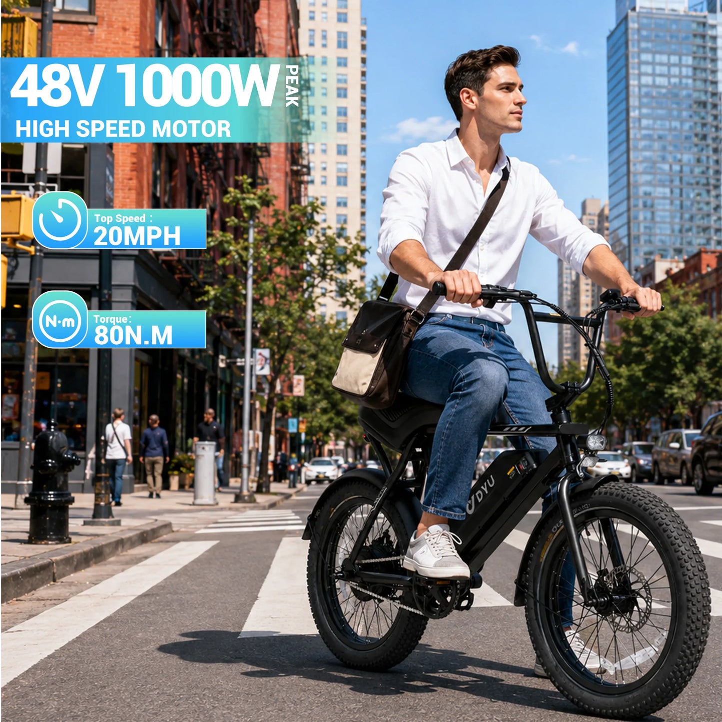 DYU BMX Electric Bike 20*3.0 Fat Tire E-Bike 48V 13Ah Removable Battery 1000W Peak Motor City Electric Bicycle for Adults