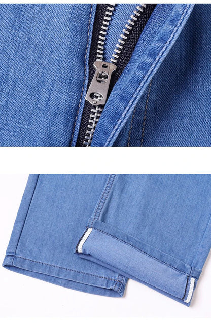 Light blue classic business jeans, fashionable breathable denim elastic pants, black blue men's straight leg jeans, sizes 28-40